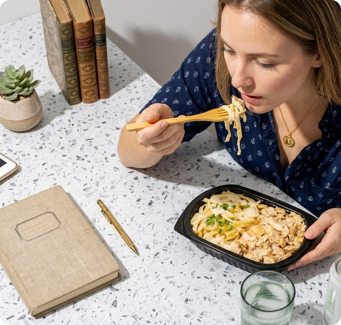 Mom eating a chef-cooked FlexPro meal