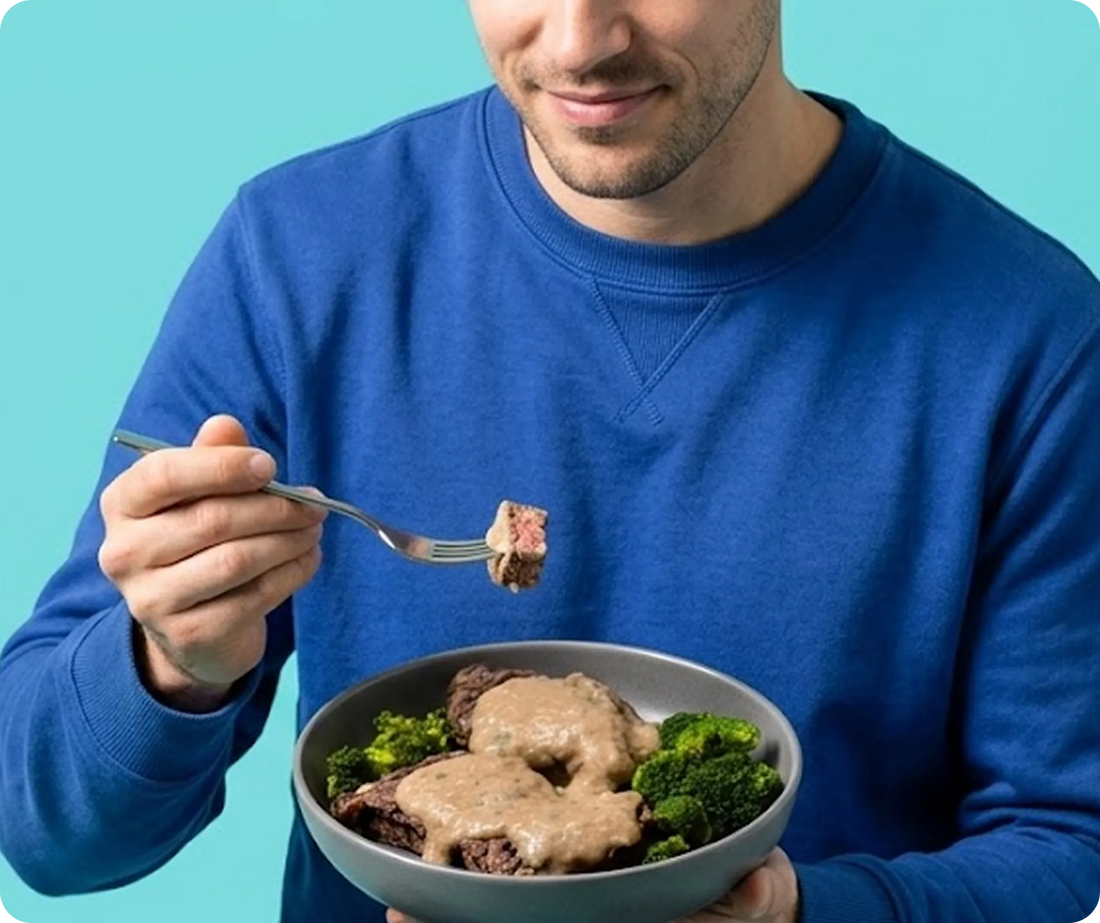 Dad eating a chef-cooked FlexPro meal